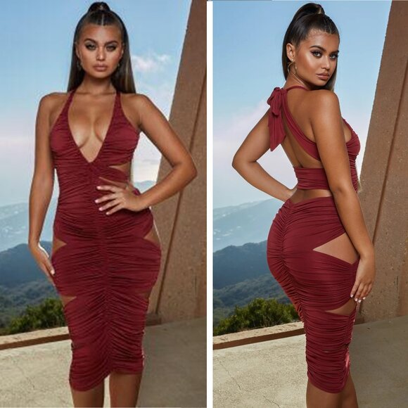 Oh Polly Twisted Love Ruched Halter Neck Midi Dress Size 6 Wine Cut-outs Party - Picture 1 of 12